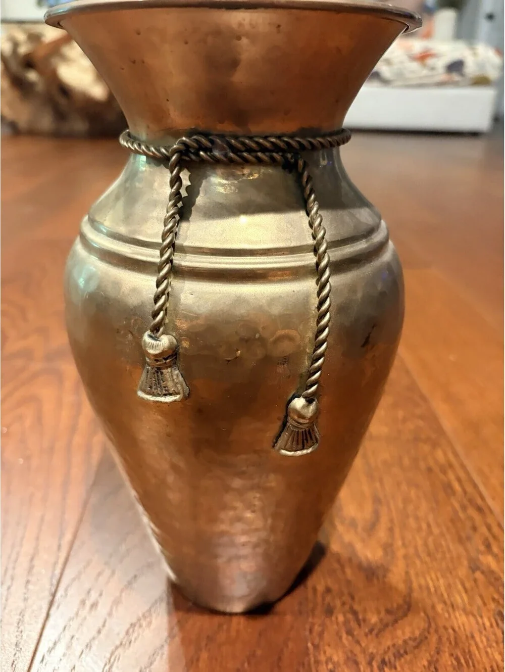 Vintage Solid Hammered Brass Vase w/ Brass Rope & Tassels Patina 10” Rustic